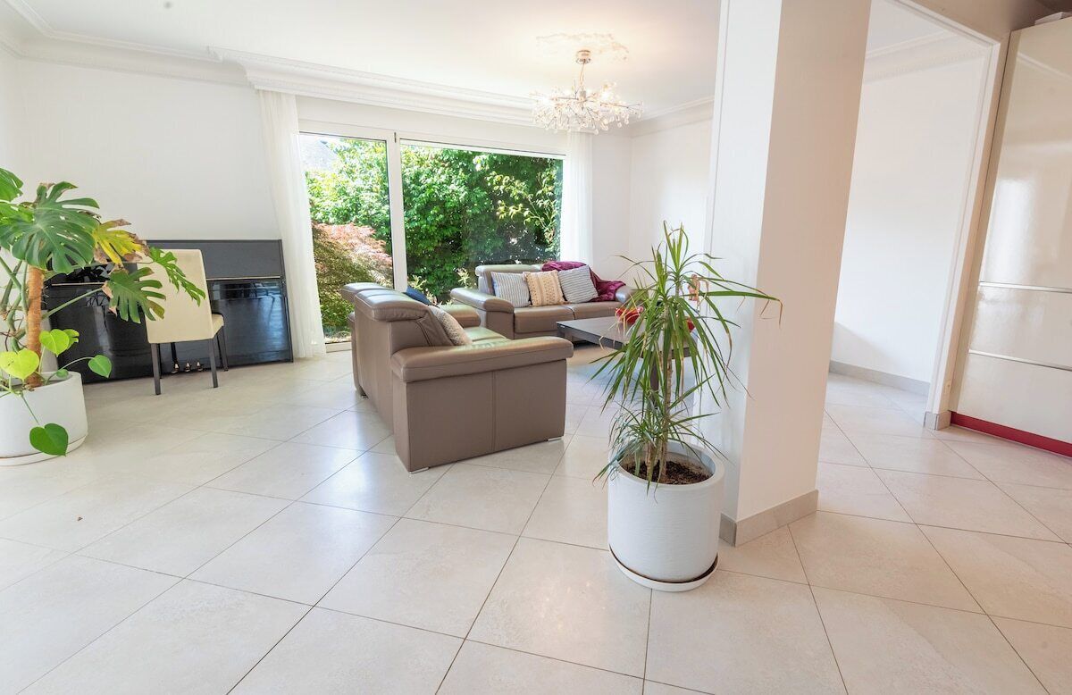 A spacious living room with a sofa set, a coffee table, and a potted plant.