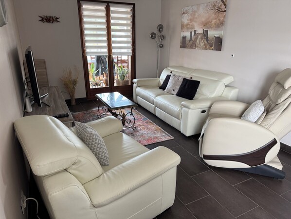 Smart TV, fireplace, DVD player, books