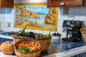 Kühlschrank, Herdplatte, Kochgeschirr/Geschirr/Besteck, Esstisch