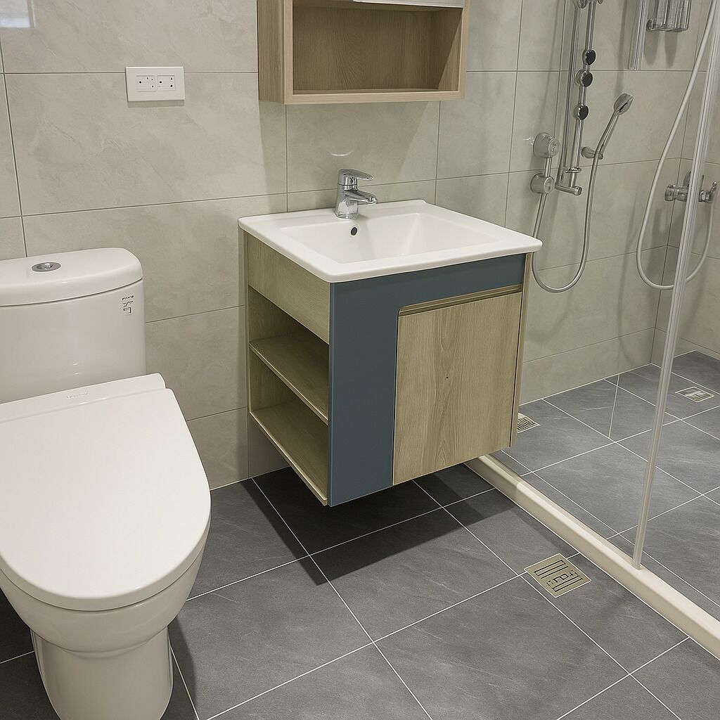 A bathroom with a toilet, a sink, and a shower.
