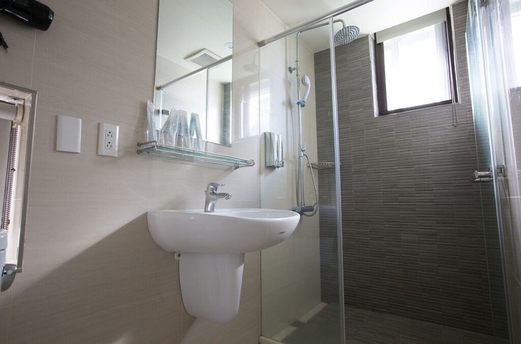 Hair dryer, towels, shampoo, toilet paper