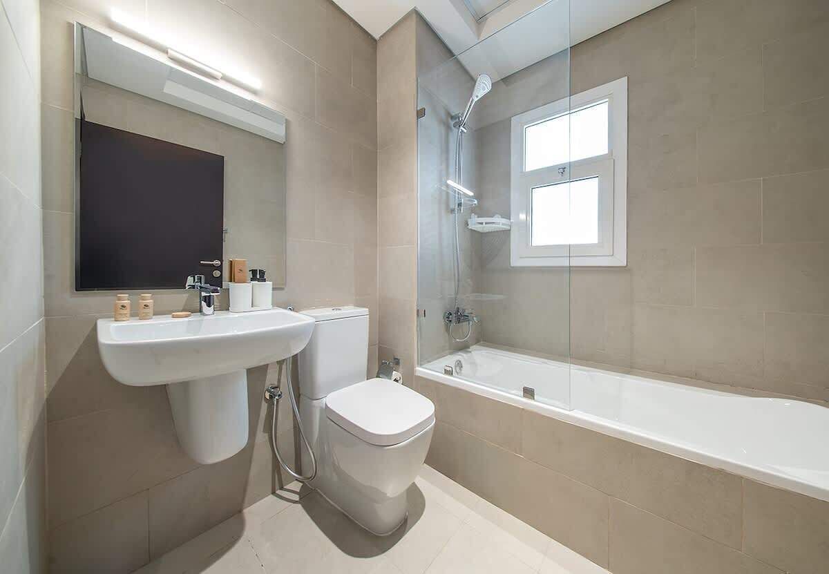 Shower, hair dryer, shampoo
