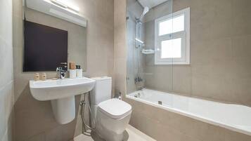 Shower, hair dryer, shampoo