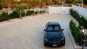 Ein schwarzes Auto auf einem gepflasterten Einfahrt mit einem verschlossenen Zugang, umgeben von Grünpflanzen und einer weißen Mauer.