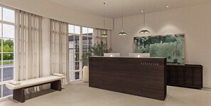 A modern reception area with a bench, a reception desk, and a large abstract painting on the wall. - Hotel La Palloza (Lugo)