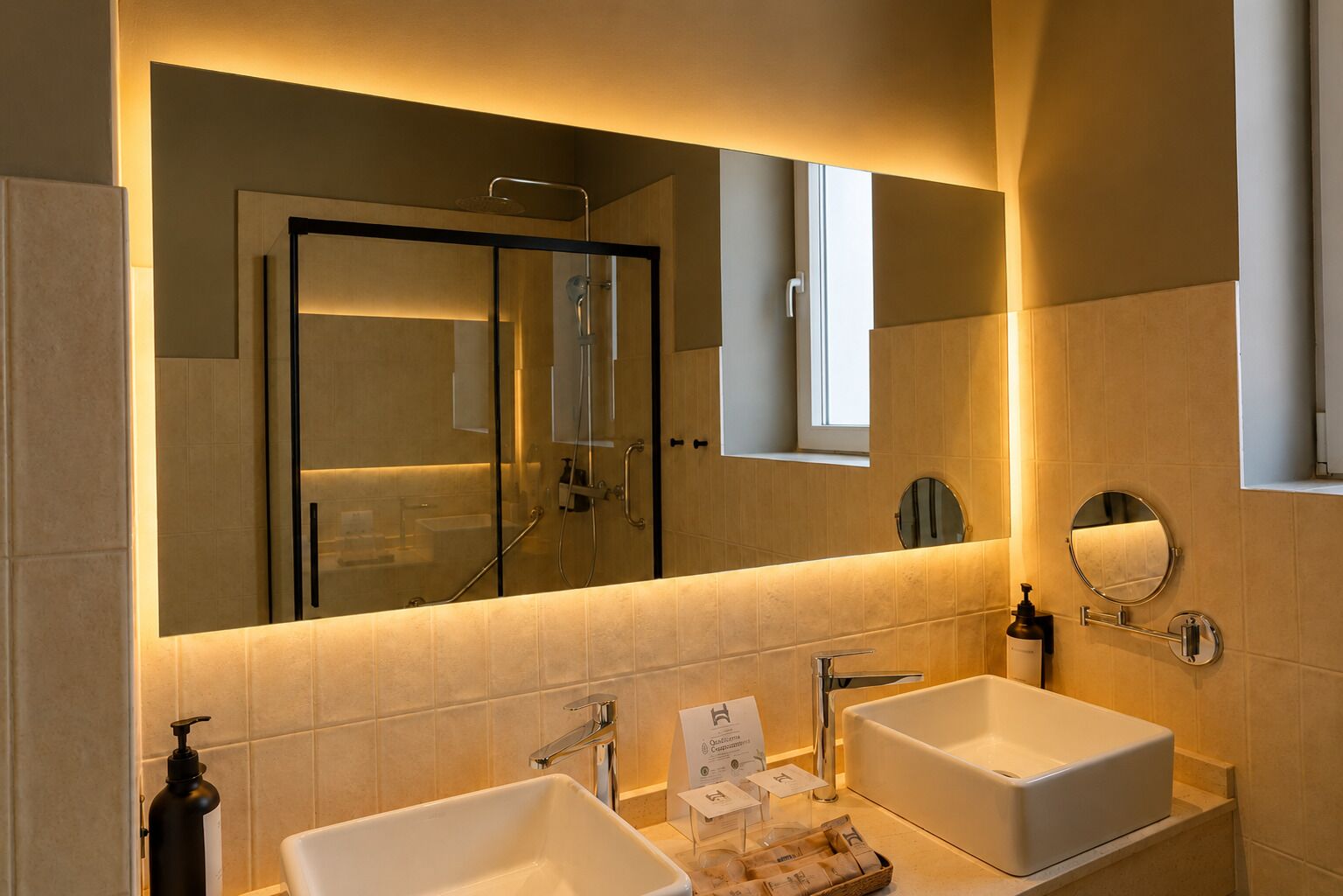 A modern bathroom with two sinks, a large mirror, and a shower.