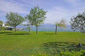 Un parque con césped, árboles y vistas a un lago.