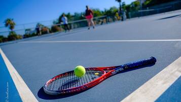 Una cancha de tenis con raqueta y pelota, palmeras y cielo despejado.