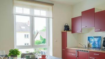 Fridge, stovetop, toaster, cookware/dishes/utensils