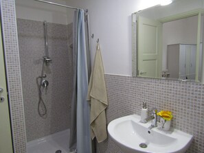 Secadora de cabello, toallas, jabón, papel de baño 