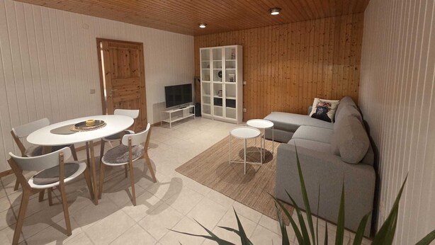 A modern interior with a wooden ceiling, a dining area with a round table and chairs, a grey sofa, and a TV stand.