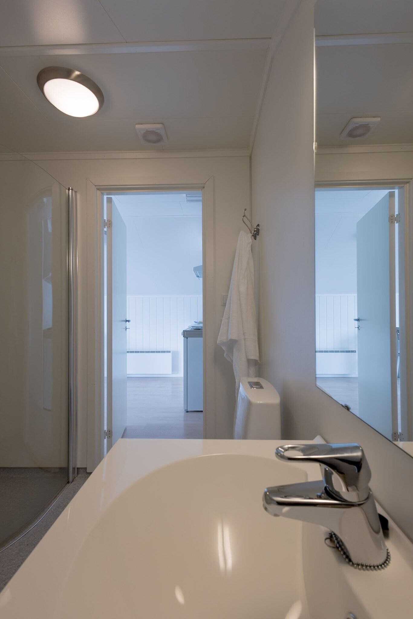 A modern bathroom with a large sink, a mirror, and a glass shower enclosure.