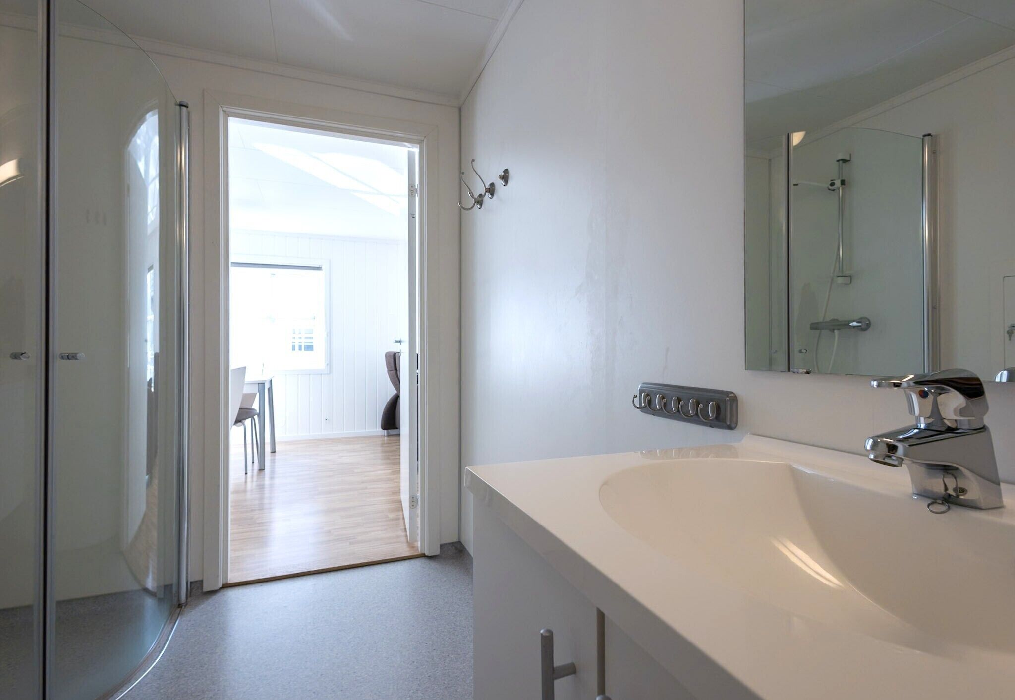 A modern bathroom with a large sink, a shower, and a glass door leading to a dining area.