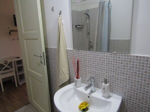 Secadora de cabello, toallas, jabón, papel de baño 