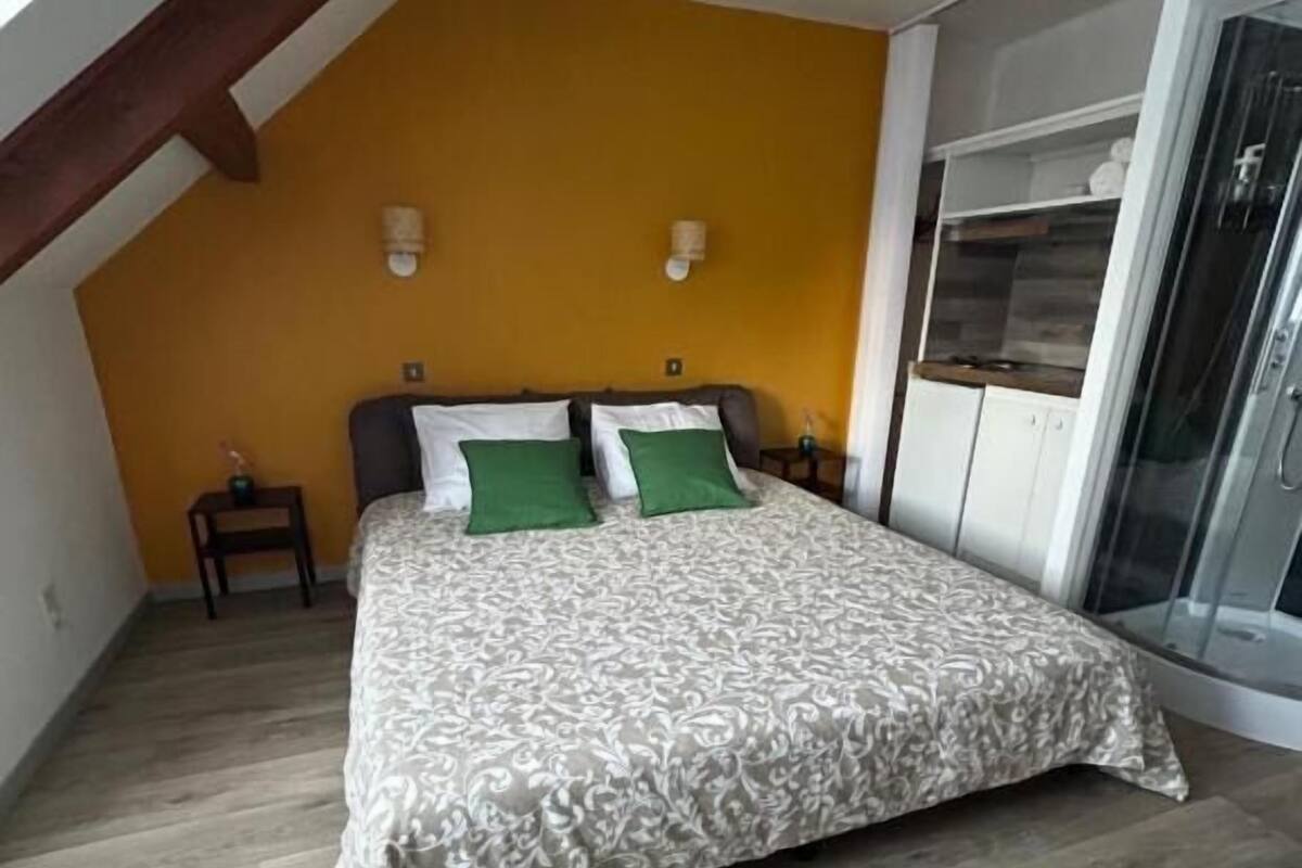 A bedroom with a sloped ceiling, a bed with patterned bedding, green pillows, a nightstand, and a glass shower enclosure.