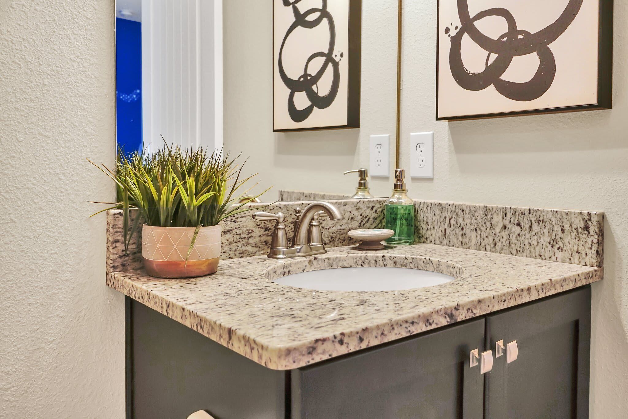 A bathroom with a granite countertop sink, a potted plant, a mirror with abstract artwork, and a faucet.