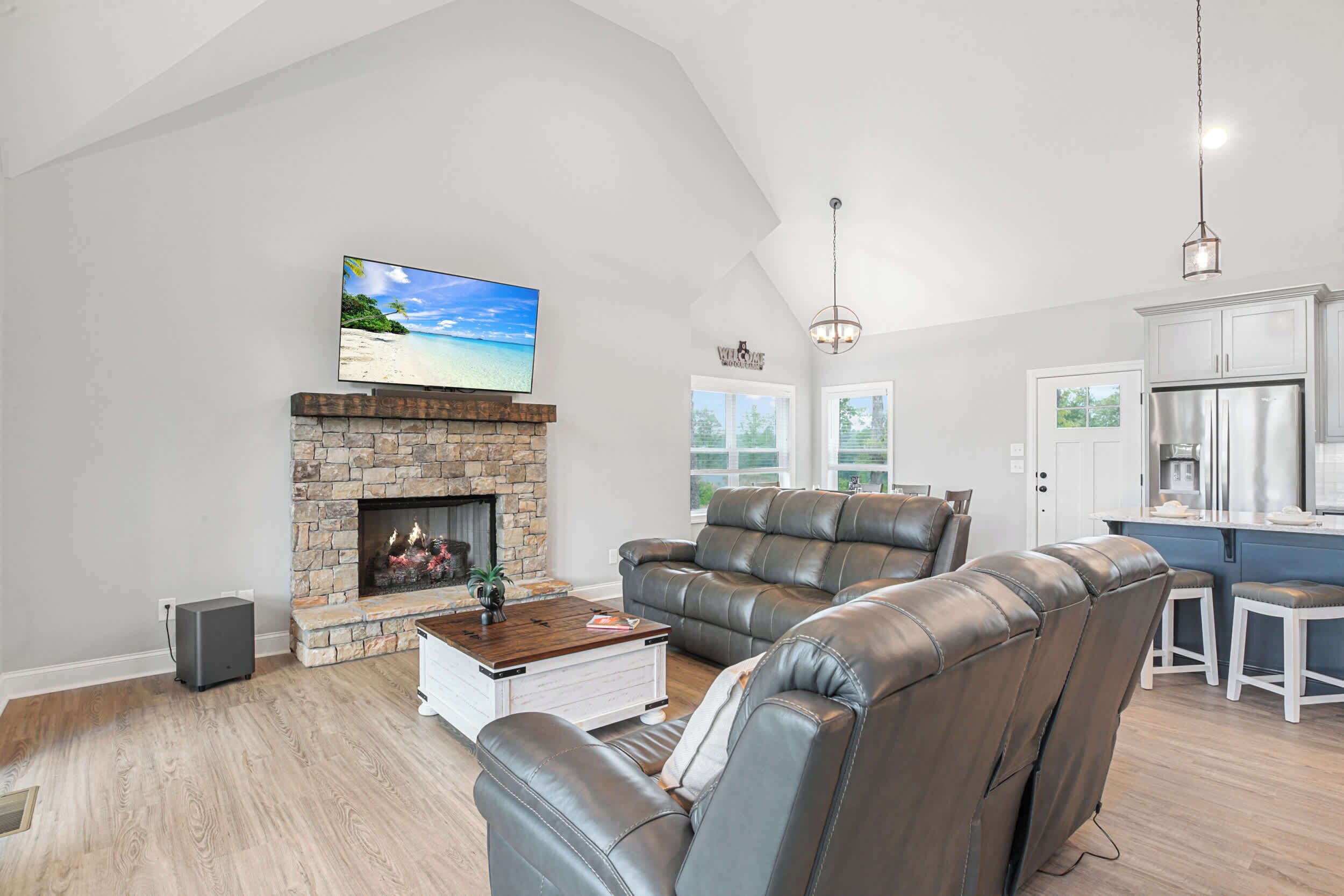 Télévision, cheminée, espaces bureaux