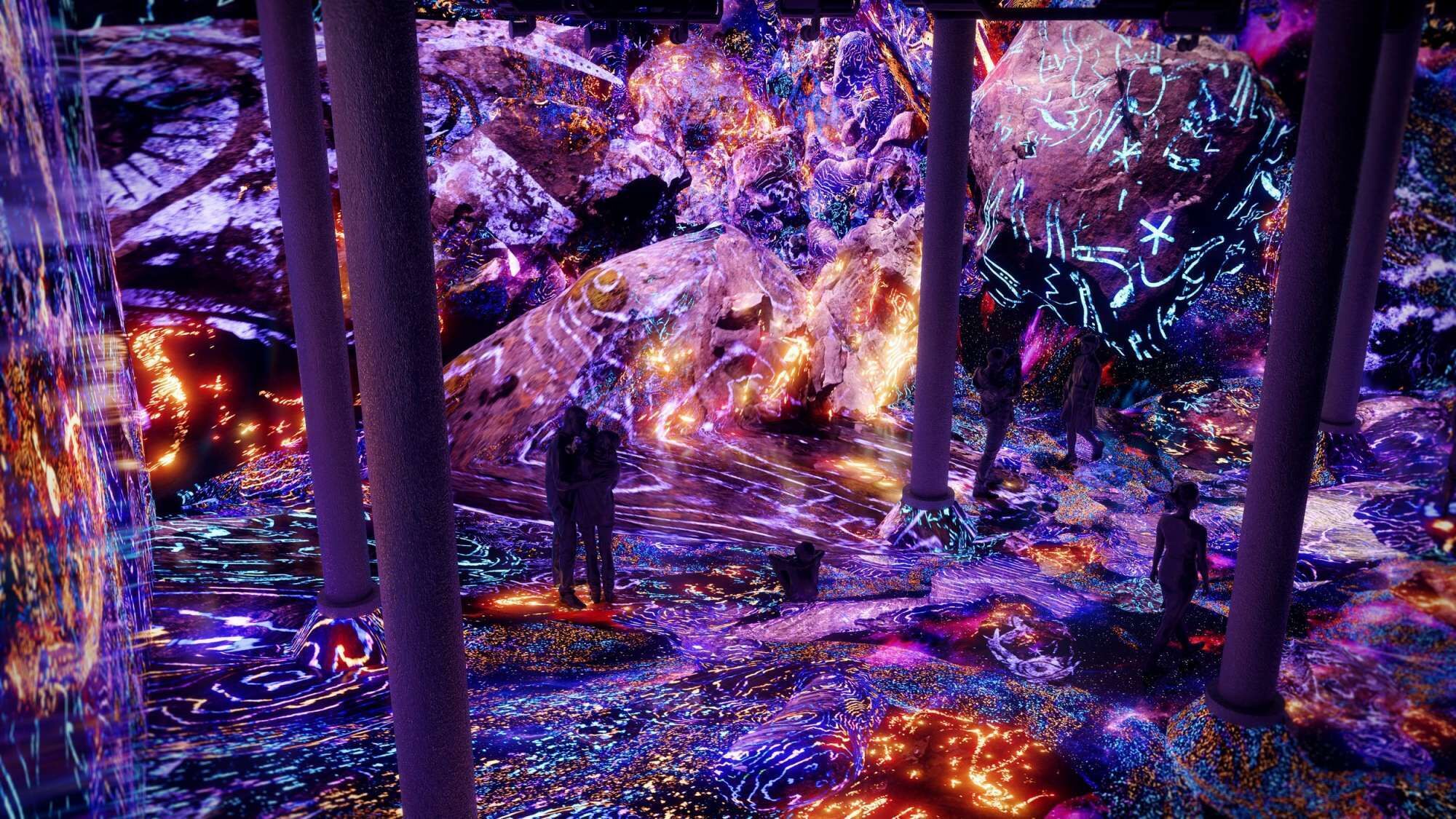 A vibrant, abstract art installation with dynamic patterns and shapes, illuminated by colorful lights.