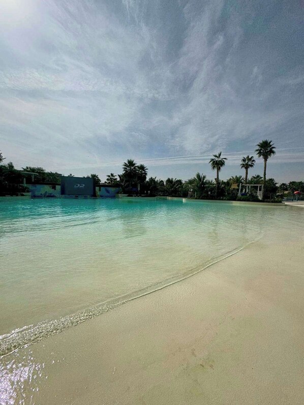 A beach with clear turquoise water, palm trees, and a building labeled "D2" in the background.