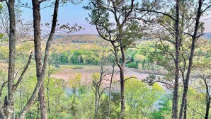 A forested landscape with a river and hills in the background. - RV site 1 @ The River Bluff Cabins (Tahlequah)