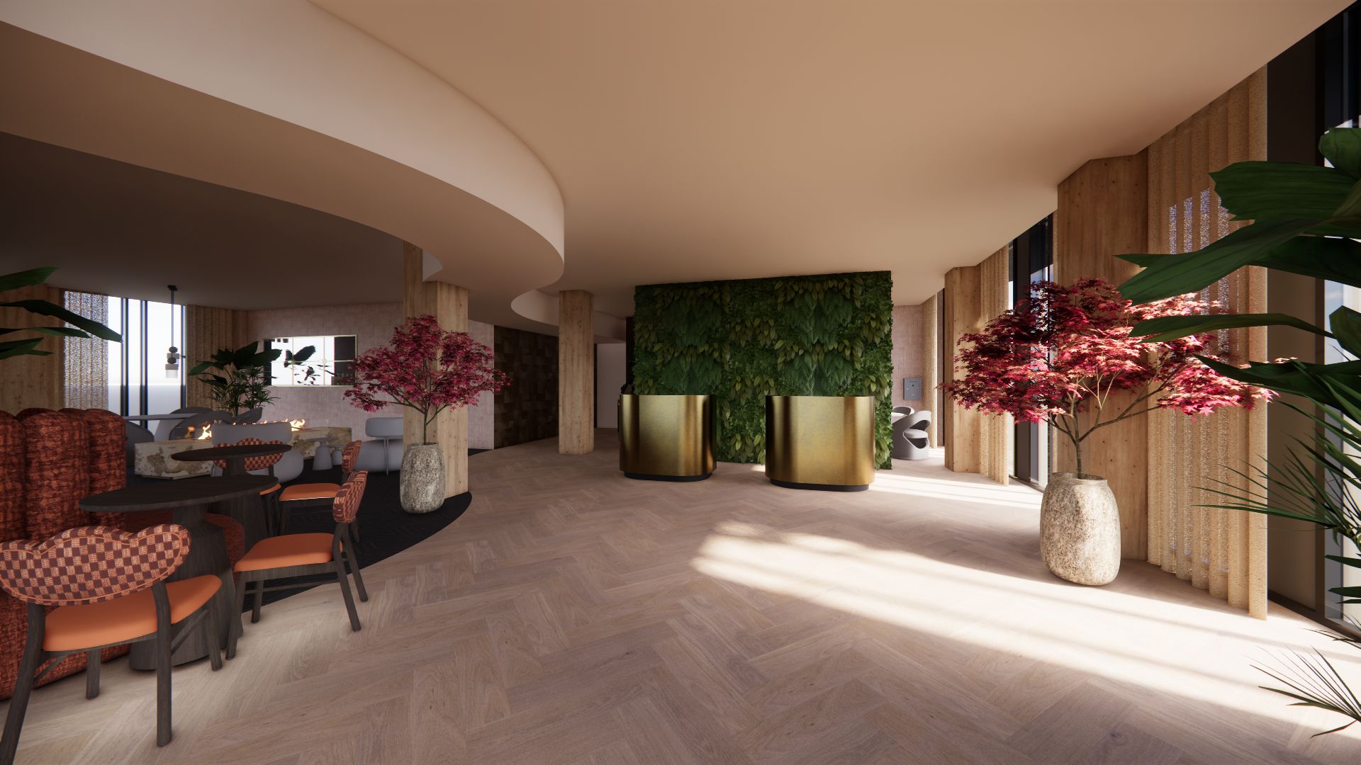 Un lobby espacioso con techo curvo, zona de estar con mesa y sillas, una pared verde grande y grandes jarrones con plantas.