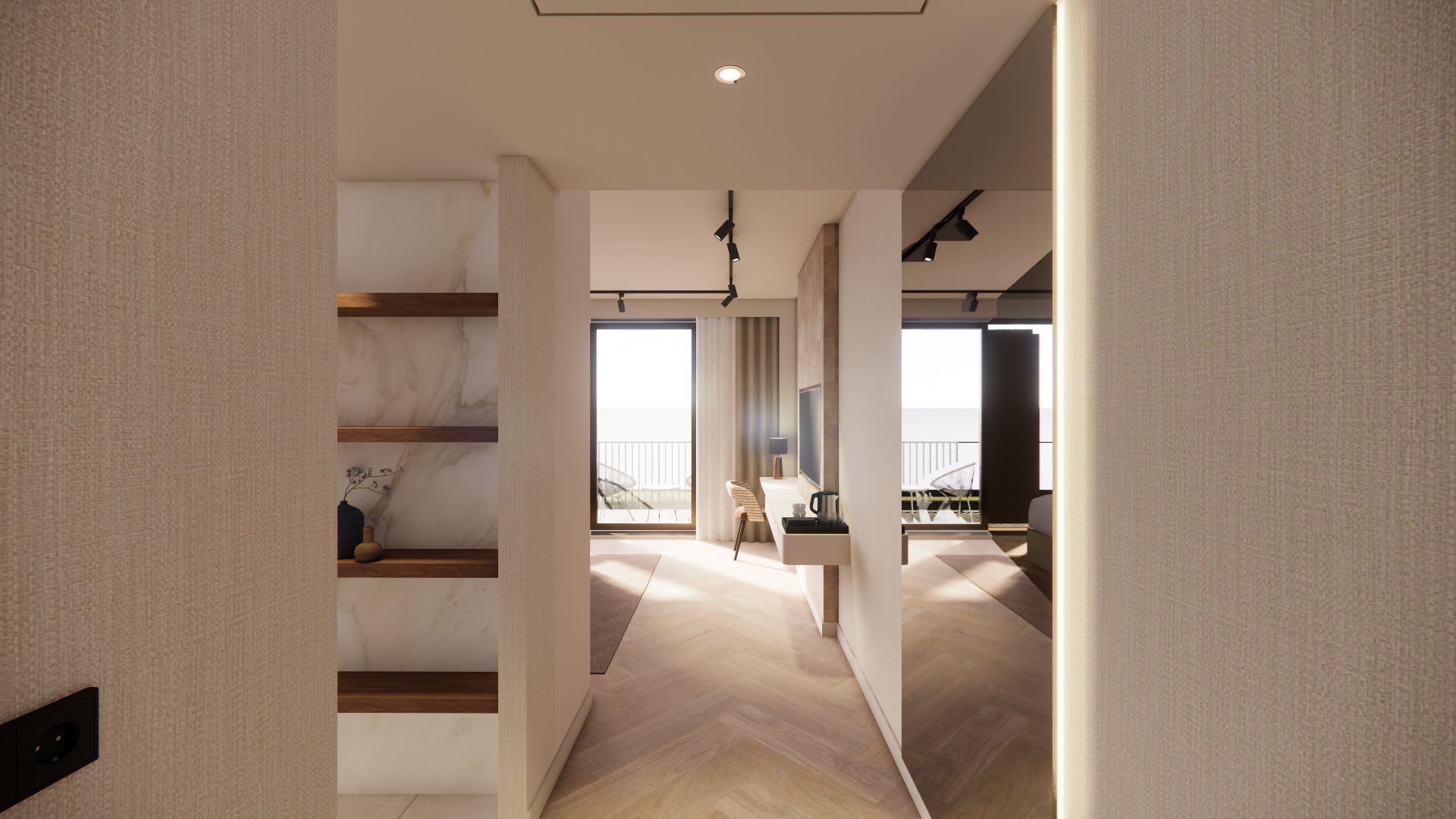 A modern interior with a wooden staircase, a balcony with a view, and a minimalist design.