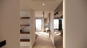 A modern interior with a wooden staircase, a balcony with a view, and a minimalist design. - Spaarnwoude Park Hotel (Velsen-Zuid)