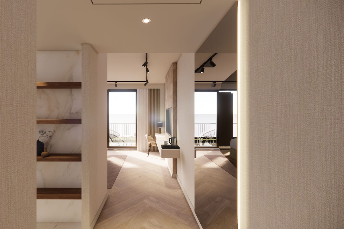 A modern interior with a wooden staircase, a balcony with a view, and a minimalist design.