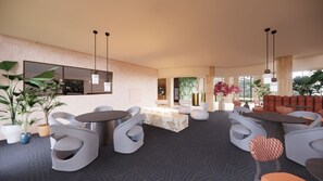 A modern lounge area with round tables, comfortable seating, and large windows providing natural light. - Spaarnwoude Park Hotel (Velsen-Zuid)
