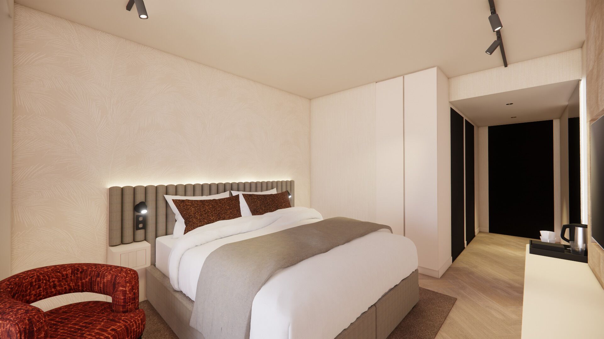 A modern bedroom with a large bed, a chair, and a desk with a lamp.