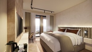 A modern hotel room with a large bed, a flat-screen TV, a balcony with a chair, and a coffee maker on the side table. - Spaarnwoude Park Hotel (Velsen-Zuid)