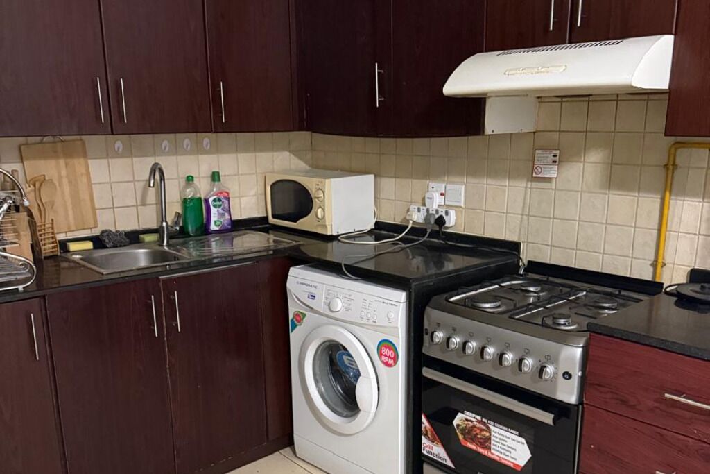 Une cuisine compacte équipée d’un lave-linge, d’un four à micro-ondes et d’une cuisinière.