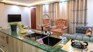 Una cocina moderna con estufa integrada, un lavamanos y una encimera. En la zona de estar hay una silla y un sofá.