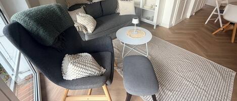 TV, fireplace, books, stereo