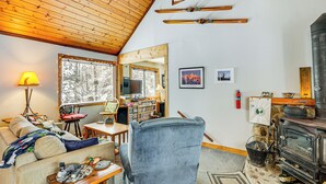 A cozy living room with a sofa, armchair, wooden ceiling, fireplace, bookshelves, and a window with a view of trees. - 4 Mi to Ski Brule: Cozy Cabin w/ Screened-in Porch (Iron River)