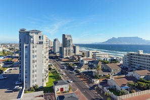 Una zona urbana costera con edificios altos, una carretera y vista al océano.