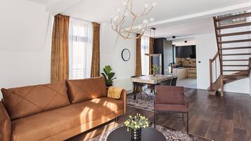 Smart TV, fireplace, books