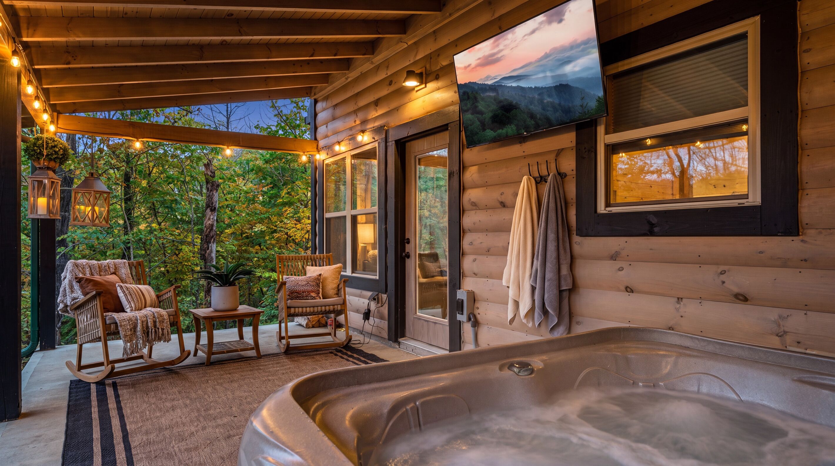 Un chalet confortable avec un jacuzzi, des meubles en bois et une vue magnifique sur la forêt.