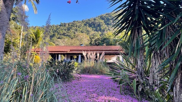 Un bâtiment avec un toit rouge, entouré d’une végétation luxuriante et de fleurs violettes.