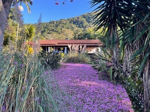 Un edificio de techo rojo, rodeado de exuberante vegetación y flores púrpuras.