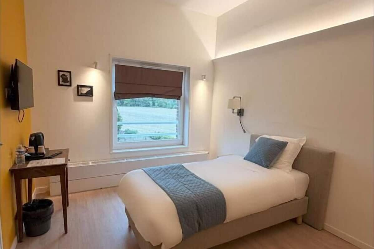 Un dormitorio con cama, escritorio, silla, ventana con vistas y televisor montado en la pared.