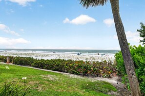 A beach with a pathway, palm trees, and ocean view. - Aldea 1, Belleair Beach, 2BR,2BA (Belleair Beach)