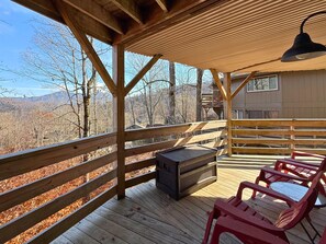 Terrace/patio - Dog-Friendly Rustic Mountain Condo with Fireplace, Deck & Stunning Views (Sugar Mountain)