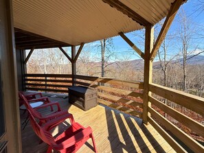 Terrace/patio - Dog-Friendly Rustic Mountain Condo with Fireplace, Deck & Stunning Views (Sugar Mountain)