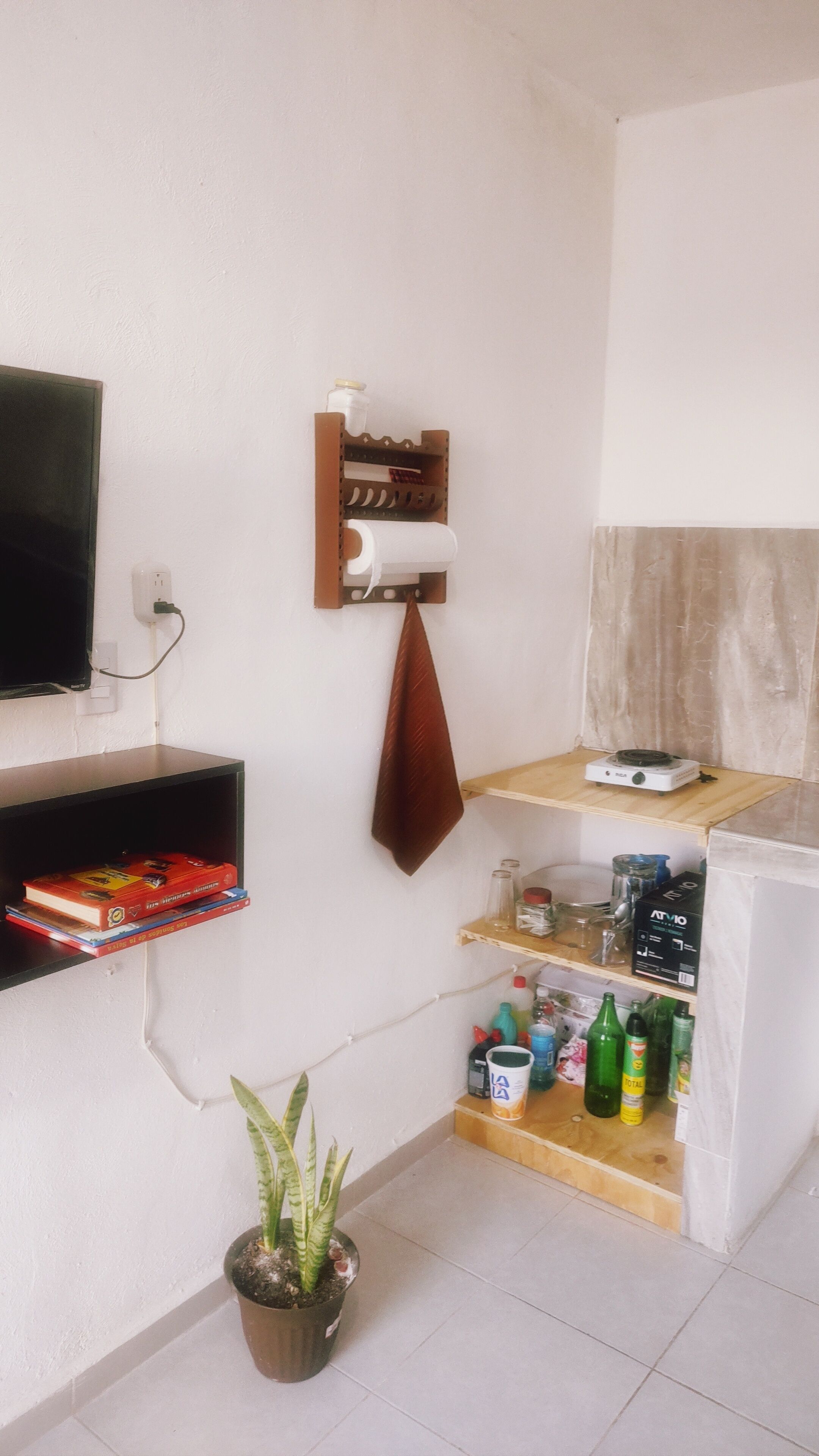 Una piccola cucina ben organizzata con un forno a microonde, uno scaffale con libri, una pianta in vaso e diversi utensili da cucina.