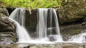 A waterfall cascading over moss-covered rocks in a forested area. - Landgasthof Hieren Mühle (Boppard)
