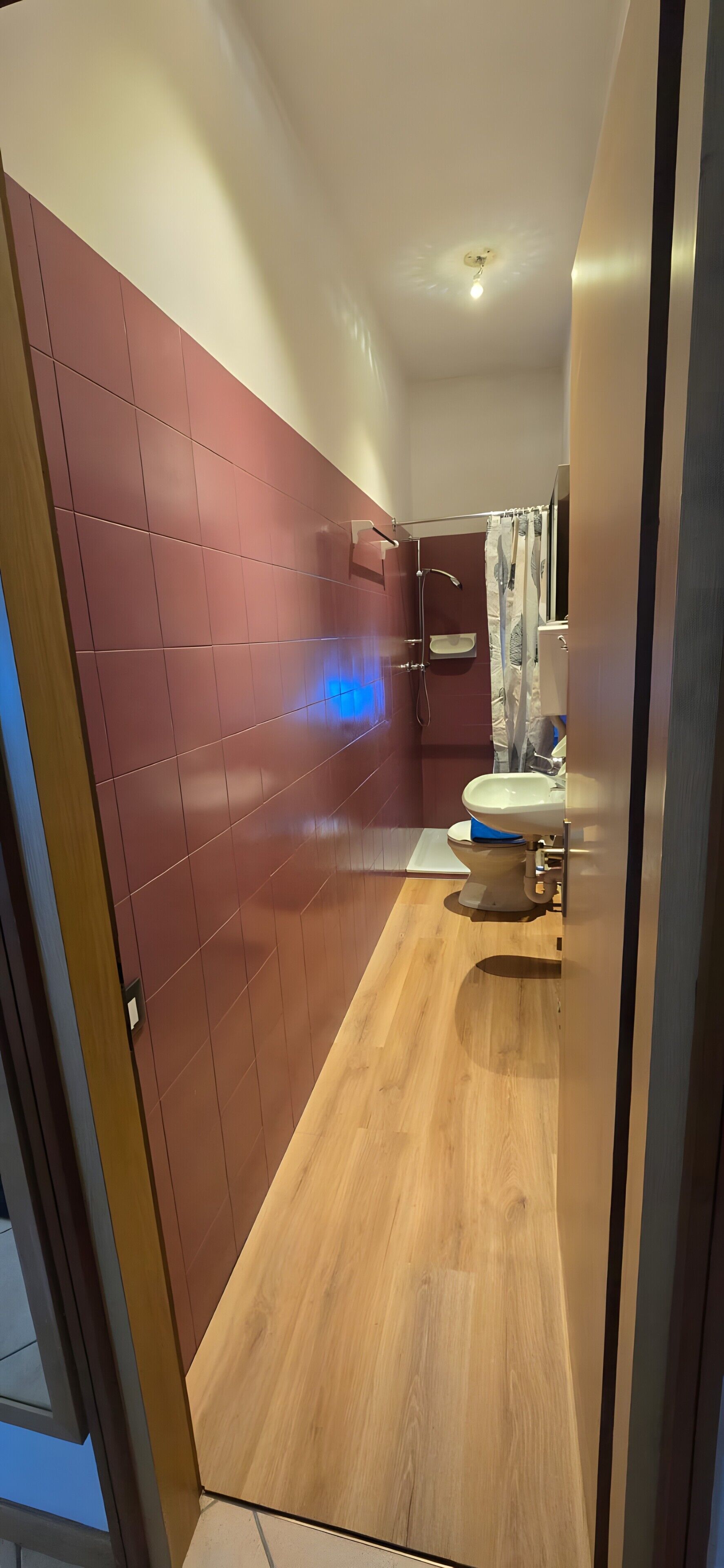 A narrow bathroom with a wooden floor, a toilet, and a shower area.