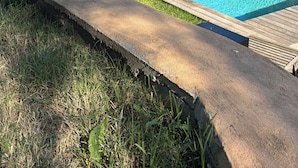 Piscina retangular com deck de madeira e borda de concreto, cercada por grama e arbustos.