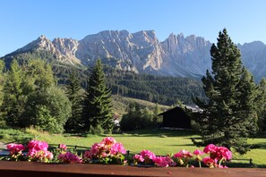 A mountain landscape with a clear sky, a green field, and a wooden fence with pink flowers. - Our small vacation paradise with only 2 apartments is located in the middle of the mountains (Karersee)