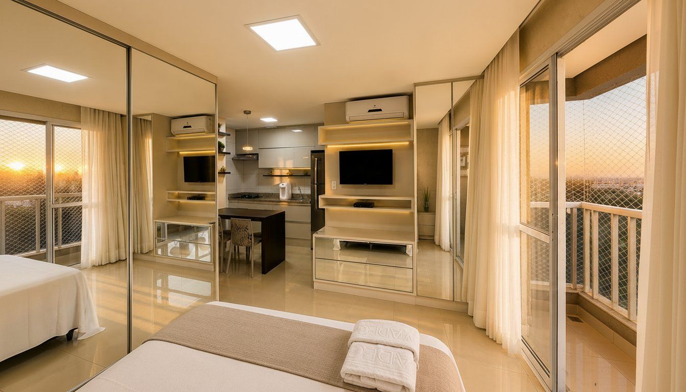 Quarto de hotel moderno com varanda, cozinha compacta e televisão.